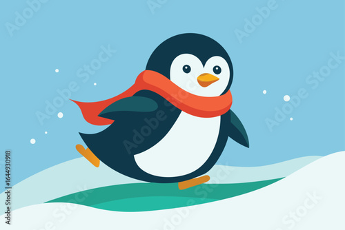 chubby penguin in a scarf sliding on icy snow  .eps