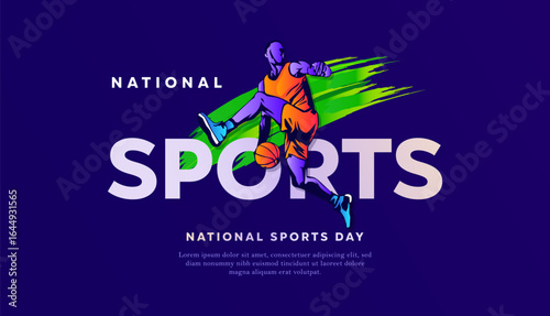 Colorful abstract illustration of a basketball player in action for National Sports Day. Modern vibrant design perfect for event posters, banners, and promotional materials celebrating sports.