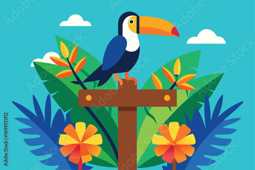 toucan perched on a tropical signpost with flowers.eps