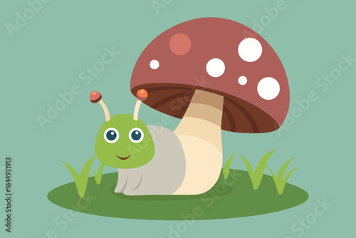 tiny snail crawling across a mushroom cap  .eps