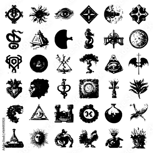 Collection of occult symbols esoteric signs and mystical elements alchemical illustrations and spiritual glyphs