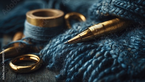 Close-up of metallic pen, yarn, and tape