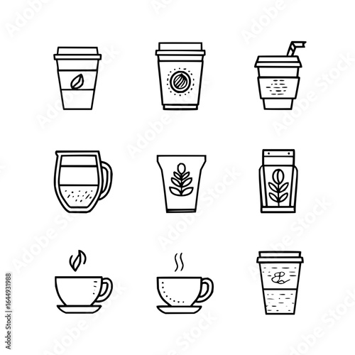 Coffee cup vector icons set beverages hot drink cafe latte espresso cappuccino takeaway outline minimalist design