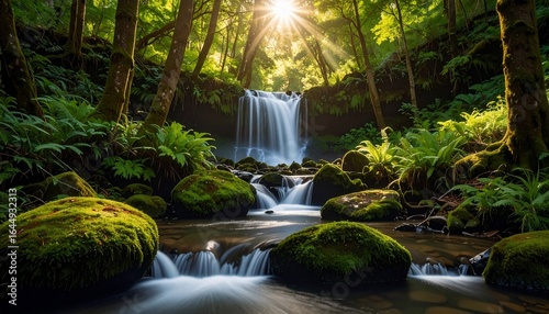 Serene Waterfall in Lush Green Forest