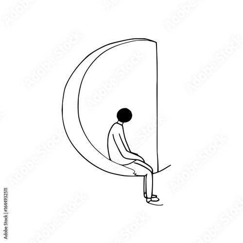 Minimalist line art of a person sitting on a crescent moon simple black and white drawing illustration design 100