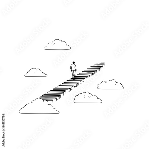 Man walking piano keys stairs in clouds surreal art minimalist drawing illustration fantasy dreamscape journey concept