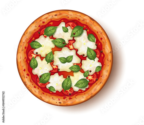 Classic Margherita pizza with mozzarella, tomatoes, and basil, top view. Used for restaurant menus, food delivery advertising, and culinary blog design