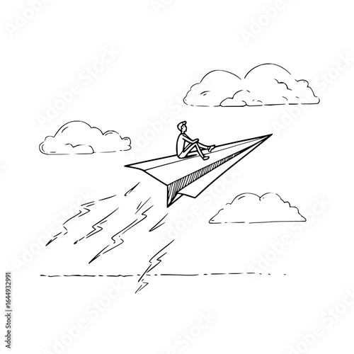 Paper airplane flying man sketch cloud sky travel journey adventure imagination freedom flight dream concept idea vision