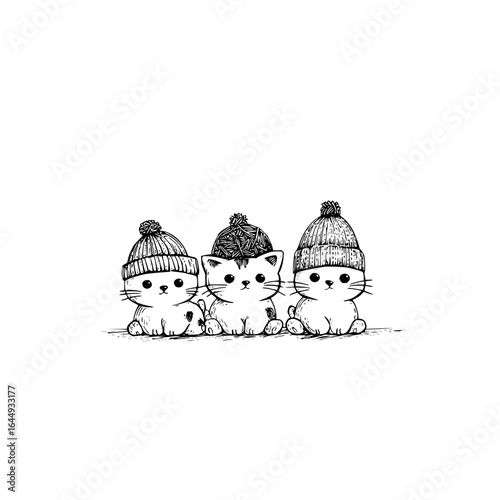 Three cute kittens wearing winter hats illustration adorable pets drawing black and white sketch animals art