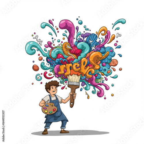 A determined cartoon artist wields a giant paintbrush, creating a vibrant explosion of colorful abstract paint.