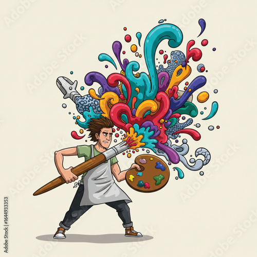 A determined cartoon artist wields a giant paintbrush, creating a vibrant explosion of colorful abstract paint.