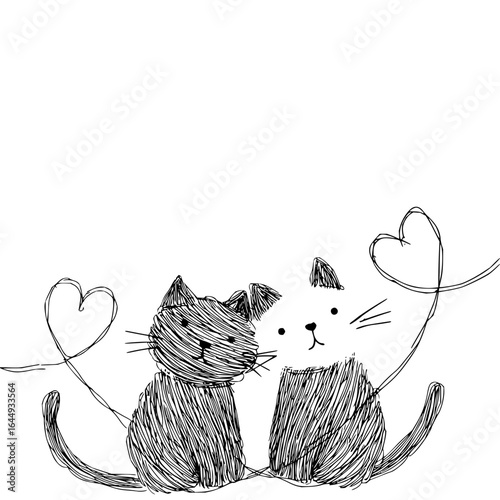 Cute cats love valentine hearts animal pet kitten feline sketch drawing illustration black and white art design
