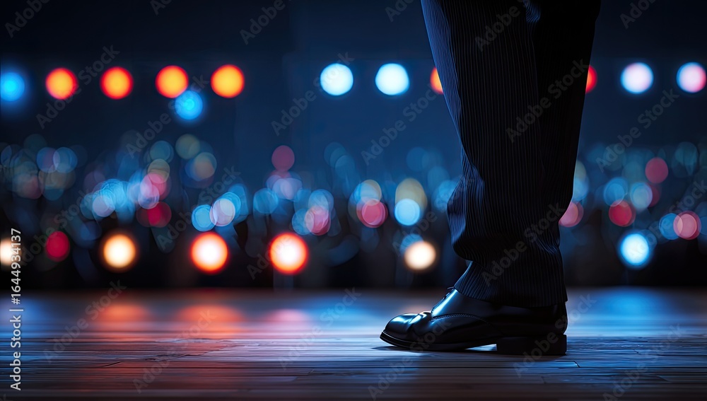 Fototapeta premium Businessman's legs on stage, lights blurred background