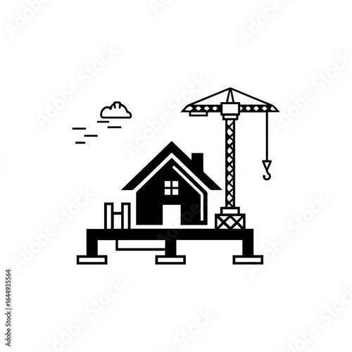 Construction scene house under construction with crane platform safety helmet and lines