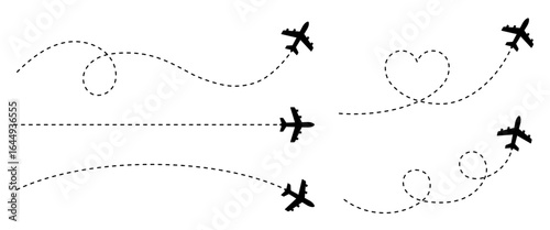 Airplane route with dotted flight path. Flying plane symbol with twisted, curved, straight and heart shape dashed trace path. Transparent png and vector illustration.