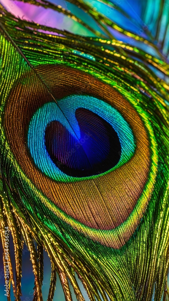 Obraz premium Peacock feather eye detail with iridescent green and blue hues image