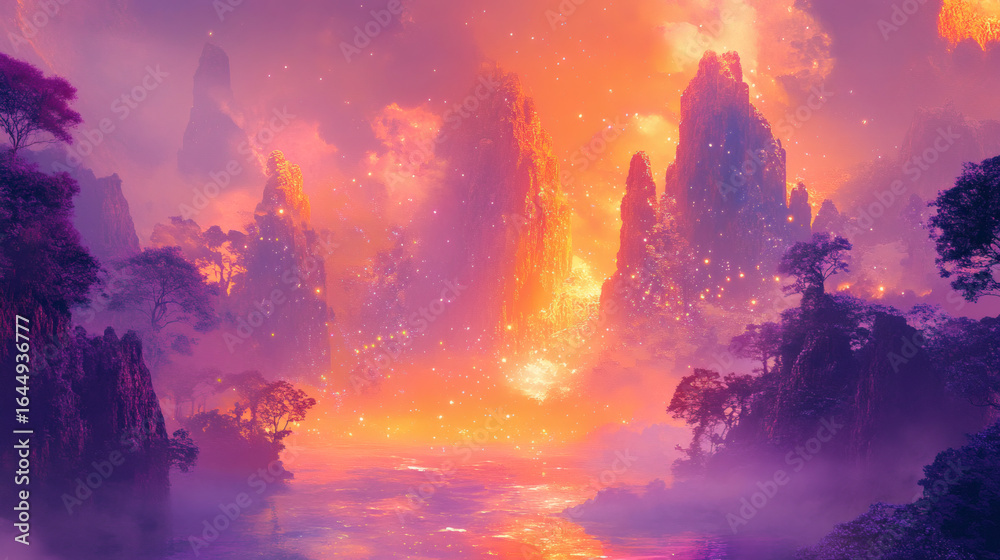 Fototapeta premium A mystical, glowing landscape of towering peaks and lush vegetation.