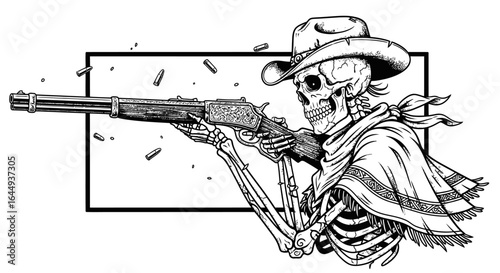 Cowgirl Skeleton Shooting Rifle with Wild West, and Graphic Design.