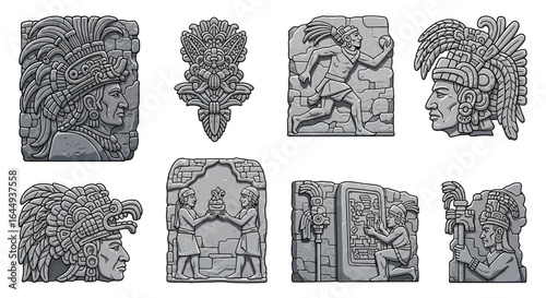 Mayan Carvings Vector Ancient Stone Reliefs.