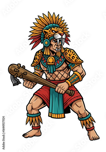 Mayan Jaguar Warrior with Aztec, Tribal, and Illustration.
