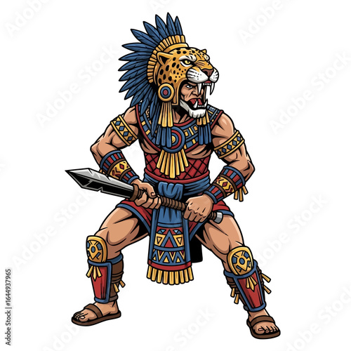 Aztec Jaguar Warrior with Ancient Mexico, and Illustration.