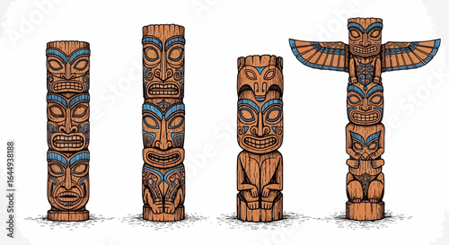Native American Totem Poles with Tribal Art, and Northwest Coast.