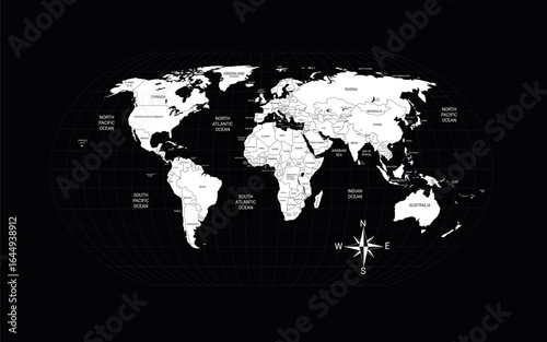 World map. Political map with countries names illustraterd on black background