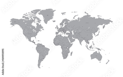 World map. Political map with countries names illustraterd on white background grey map