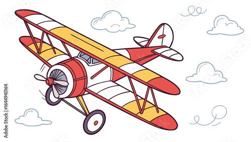 Vintage biplane airplane flying in the sky with clouds illustration vector art for kids and adults design