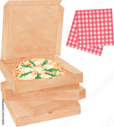 Vector illustration of Parmesan Arugula Pizza in an open delivery box, with a stack of pizza boxes and a classic Italian checkered napkin. Topped with fresh arugula leaves, shaved parmesan cheese, moz