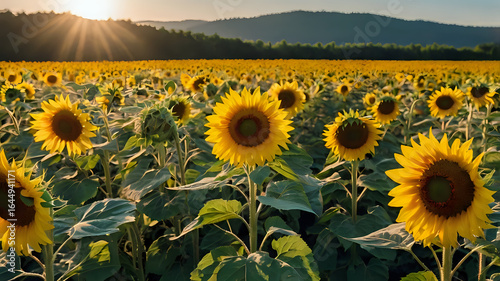 sunflowers in the field, Wide field of tall sunflowers facing the sun, bright yellow petals, and clear blue sky above