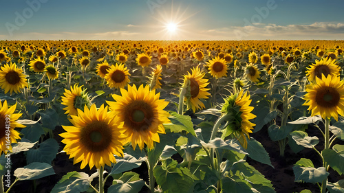 field of sunflowers, Wide field of tall sunflowers facing the sun, bright yellow petals, and clear blue sky above