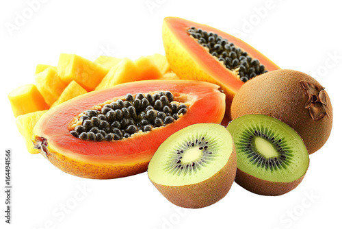 Tropical Fruit Mix with Papaya, Pineapple Chunks, and Fresh Kiwi on Transparent Background