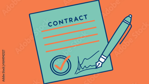 Contract agreement document signing legal paperwork with pen and check mark vector illustration