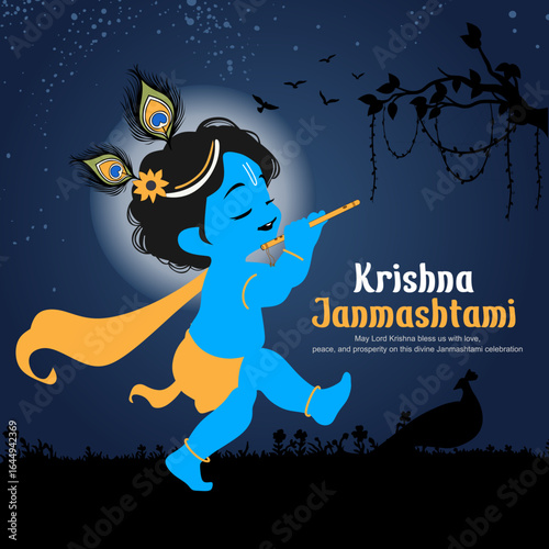 Baby Krishna Playing Flute at Night – Krishna Janmashtami Celebration Art.