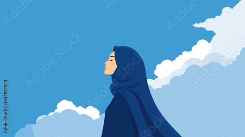 Minimalist Flat Illustration of Muslim Woman Wearing Hijab with Clouds Scenery