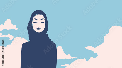 Minimalist Portrait of Woman with Hijab in Peaceful Sky Setting