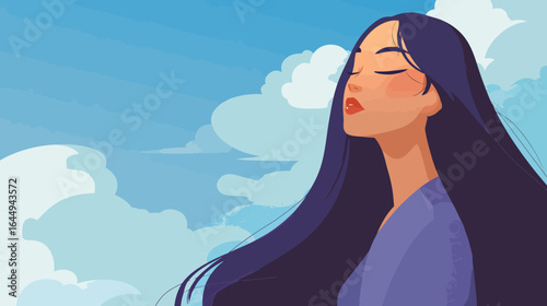 Modern Illustration of Woman Meditating Against a Serene Sky Background Art