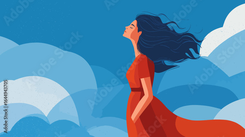 Minimalist Serene Woman Enjoying Wind Flowing Hair with Cloudscape Background Illustration