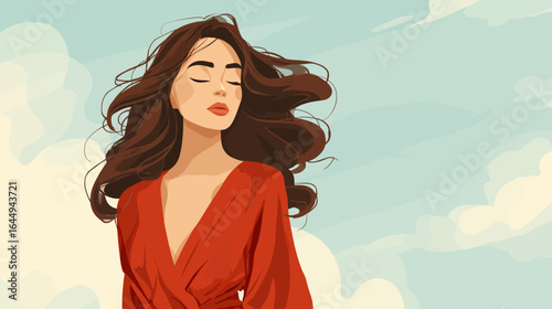 Elegant Calm Woman in Red Dress with Flowing Hair Illustration