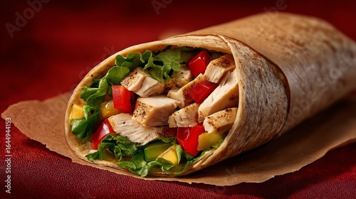 Grilled chicken and vegetable wrap with colorful bell peppers and lettuce in a whole wheat tortilla on a red background