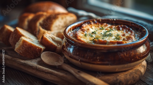 Rustic French onion soup served in a ceramic bowl topped with melted cheese and accompanied by crusty bread slices