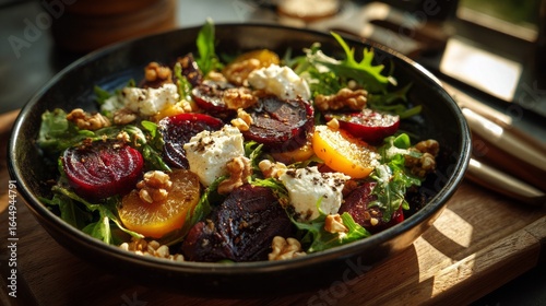 Gourmet roasted beetroot and goat cheese salad garnished with arugula and orange slices in a black bowl, rustic healthy meal presentation