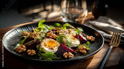 Rustic roasted beetroot and goat cheese salad garnished with fresh greens and walnuts, presented on a dark ceramic plate in a gourmet food styling.
