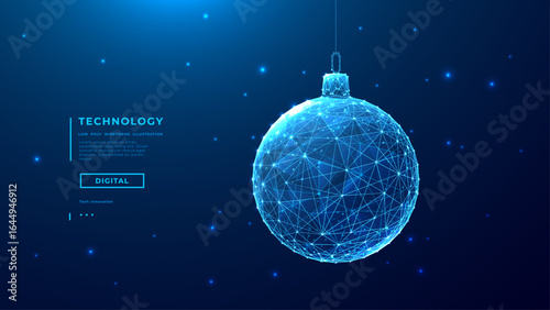 Christmas tree decorations ball. Technology blue background. Happy New Year concept. Xmas glass globe toy with polygons. Low Poly wireframe vector illustration. Tech web banner and presentation bg.