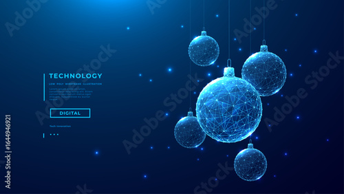 Xmas tree glasses balls in blue tech low poly wireframe. Technology background. Merry Christmas concept. New Year banner cover. Vector illustration