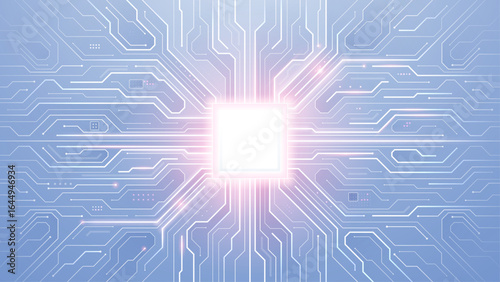 AI chip glows bright white and pink neon light. Tech background. Circuit board layout. Artificial Intelligence innovation concept. Computer chip or semiconductor on futuristic vector illustration.
