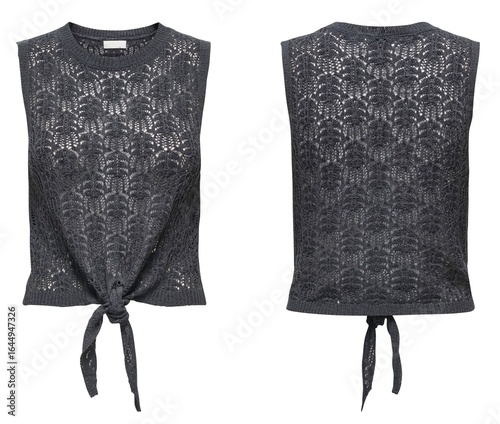 Foto Tank top with intricate black knit pattern and tied back straps displayed front