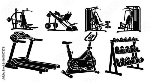 Black silhouette of gym equipment for fitness training isolated PNG with Transparent Background