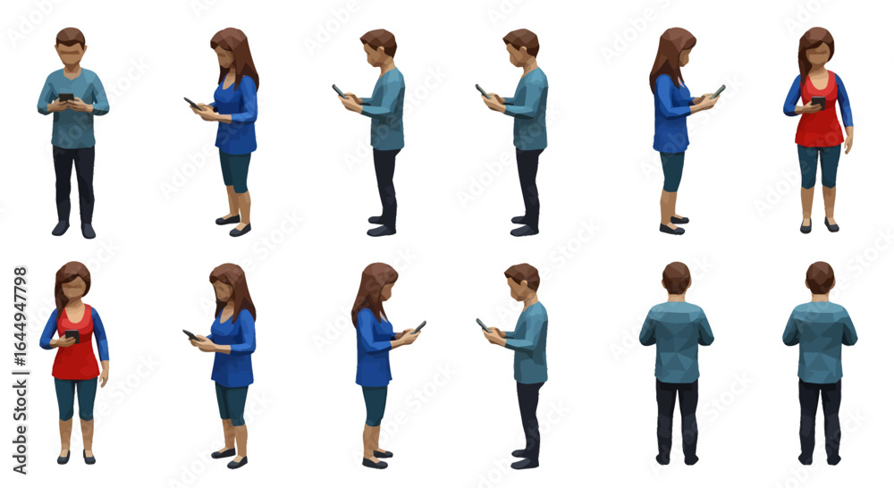 Fototapeta premium Diverse 3D rendered male and female figures engaging with mobile devices, shown from various angles against a white background.